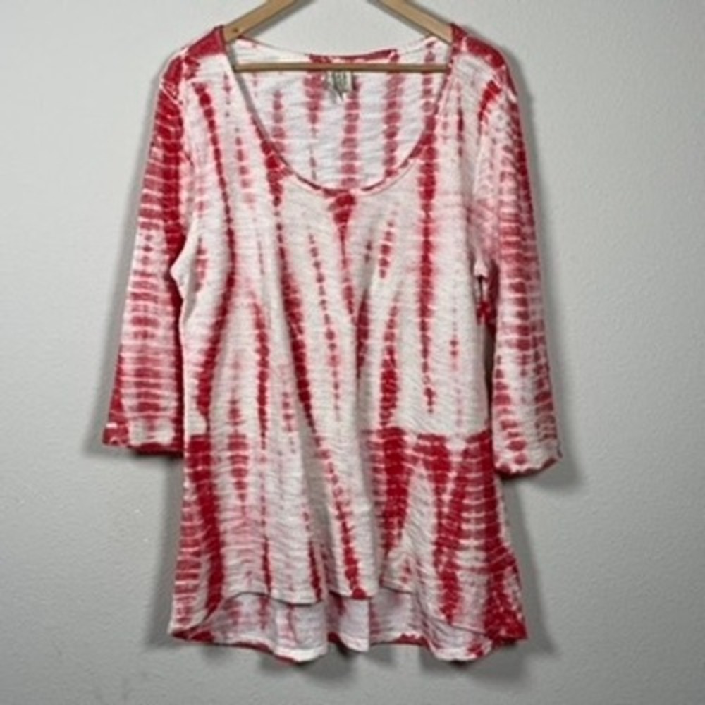 XCVI Tie Dye Tunic Women XXL Red White Cotton Blend 3/4 Sleeve Coastal Boho
